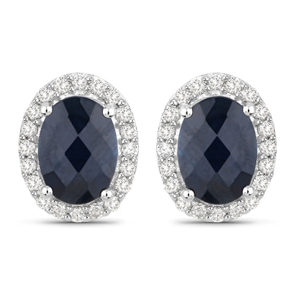 2.16 Carat Genuine Blue Sapphire and White Diamond 14K White Gold Earrings