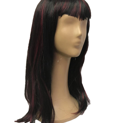 Black and Burgundy Hot Streak Sexy Vampire Dominatrix Long Sleek Wig with Bangs