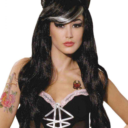 Betty Blues Long Black Wavy Wig with Streaked Bangs and Bouffant Partial Updo