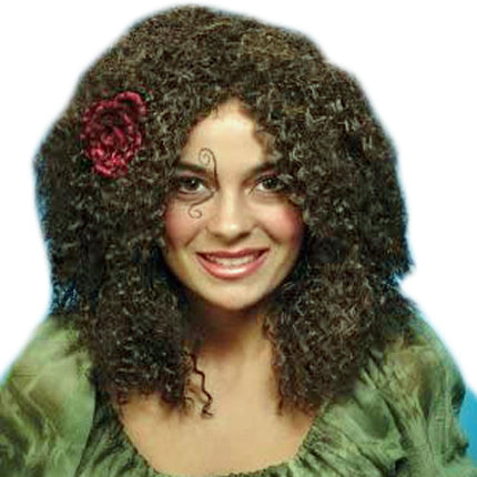 Gypsy Brown Shoulder Length Curly Wig with Red Flower