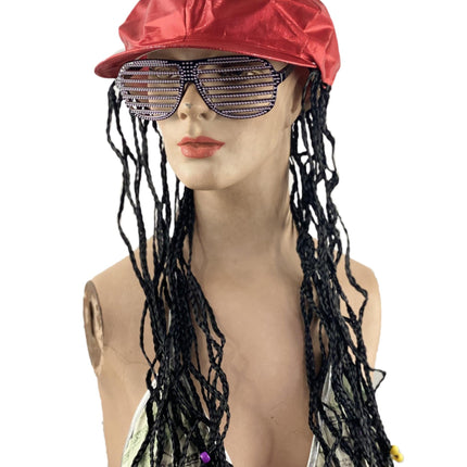 Red Alicia Go Go Cap with Attached Black Braids Wigs and Colorful Beads