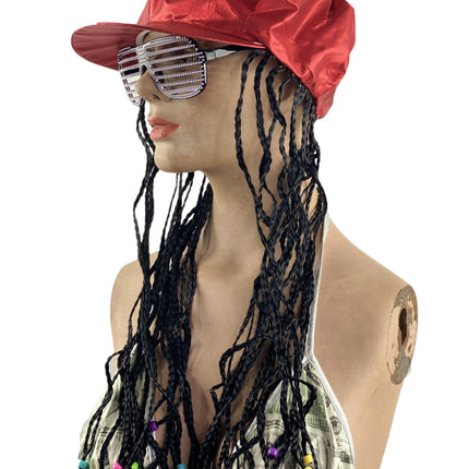 Red Alicia Go Go Cap with Attached Black Braids Wigs and Colorful Beads