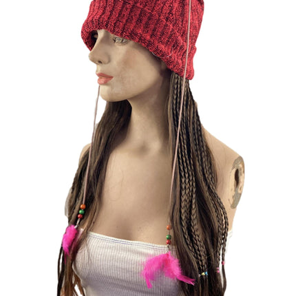 Women's Knit Beanie Cap with Attached Hair Mixed Braids with Beads and Feathers