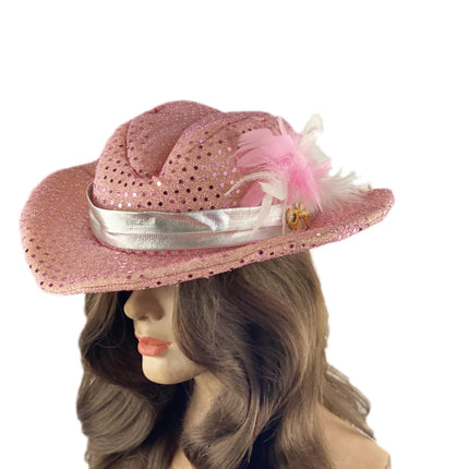Rhinestone Pink Sequin Cowgirl Gal Feather Girl Dress Up Costume Hat