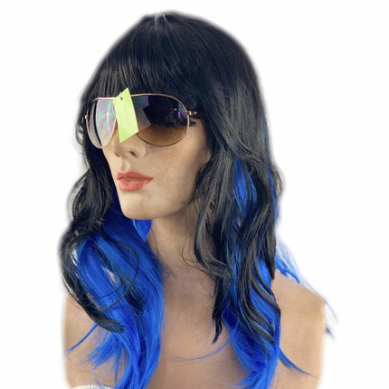 Two Toned Black with Blue Streak Chunks Underneath Sexy Vamp Women's Costume Wig