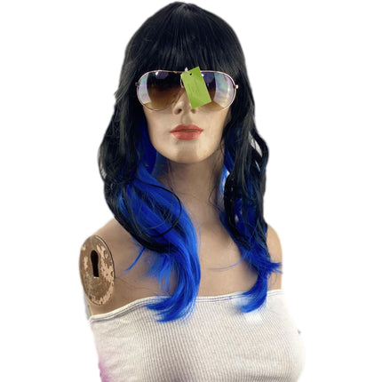 Two Toned Black with Blue Streak Chunks Underneath Sexy Vamp Women's Costume Wig