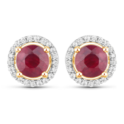 1.22 Carat Genuine Ruby and White Diamond 14K Yellow Gold Earrings
