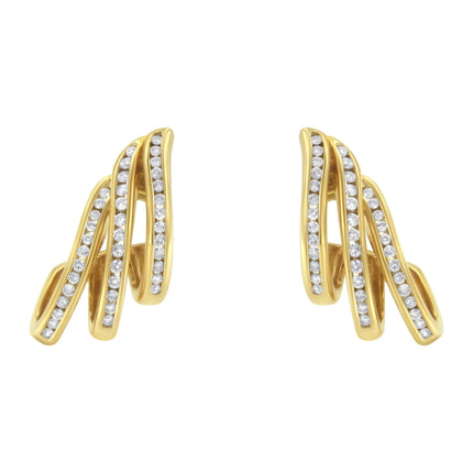 10K Yellow Gold 1.0 Cttw Round Brilliant Cut Diamond Spiral Multi Row Channel Set Open Hoop Pushback Stud Earrings (H-I Color, I1-I2 Clarity)
