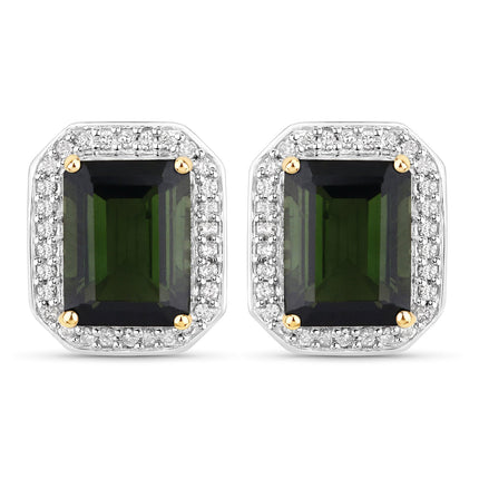 3.57 Carat Genuine Green Tourmaline and White Diamond 14K Yellow Gold Earrings
