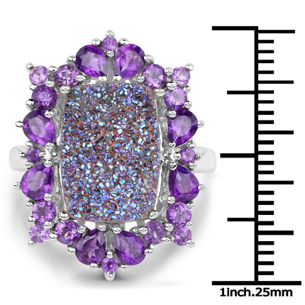 5.97 Carat Genuine Drusy Quartz and Amethyst .925 Sterling Silver Ring