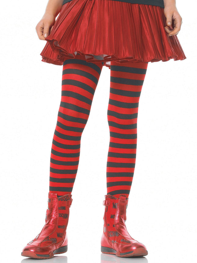 Children's Striped Tights - Black/Red - MEDIUM