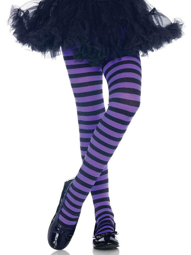 Children's Striped Tights - Blk/Purple - X-LARGE