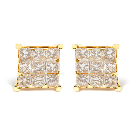 14K Yellow Gold 1 1/2 Cttw Invisible Set Princess-Cut Diamond 9 Stone Square Stud Earrings (J-K Color, SI2-I1 Clarity)