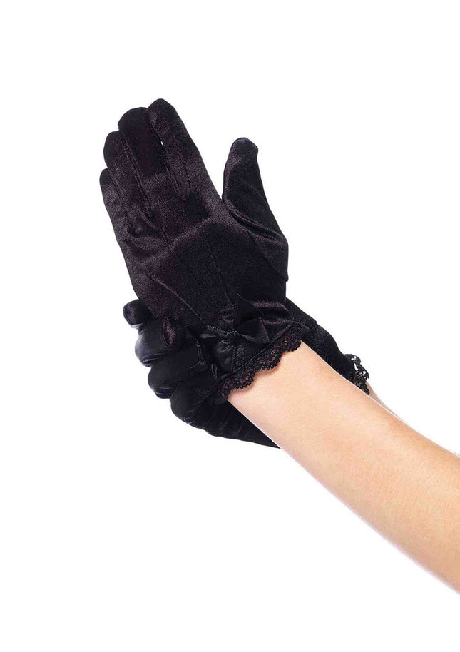 Lace Trimmed Satin Gloves with Bow Accent - Black - MEDIUM