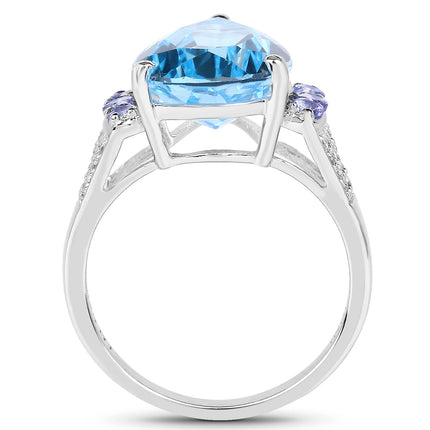 6.86 Carat Genuine Swiss Blue Topaz, Tanzanite & White Topaz .925 Sterling Silver Ring