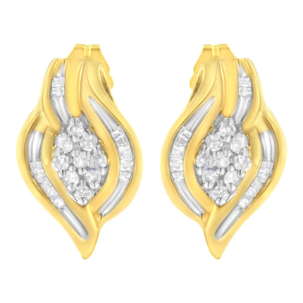 10K Yellow Gold 1/3 cttw Round-Cut Diamond Cluster and Swirl Stud Earrings (J-K Clarity, I2-I3 Color)