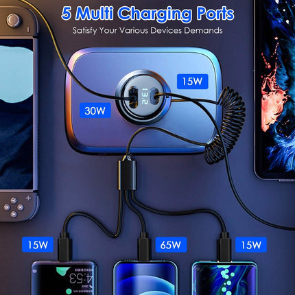 5-in-1 Fast Charge Car Charger QC PD USB Type C LT 5 Port with 4ft Coiled Cable