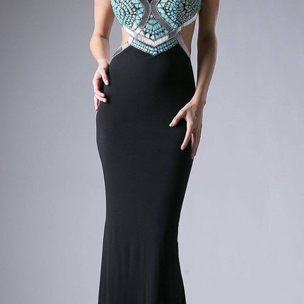 Cinderella Divine 5012 Halter Beaded Cut Out Bodice Long Dress Open Back