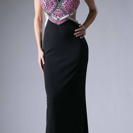 Cinderella Divine 5012 Halter Beaded Cut Out Bodice Long Dress Open Back