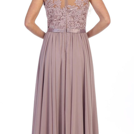 CLEARANCE - Floor Length A Line Mocha Evening Dress Cap Sleeve Chiffon (Size Large)