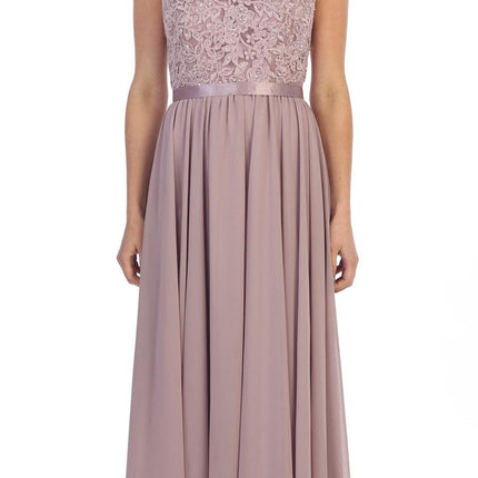 CLEARANCE - Floor Length A Line Mocha Evening Dress Cap Sleeve Chiffon (Size Large)