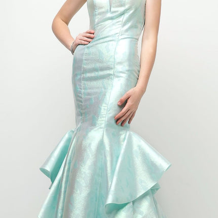 Cinderella Divine A5033 Strapless Jacquard Layered Mermaid Gown V-Neckline