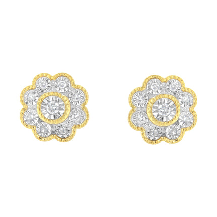 14K Yellow Gold Plated .925 Sterling Silver 1/6 Cttw Miracle-Plate Set Diamond Floral Stud Earrings (I-J Color, I2-I3 Clarity)