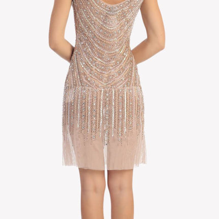 CLEARANCE - Fully Beaded Sexy Champagne Cocktail Dress Embellished (Size Medium)