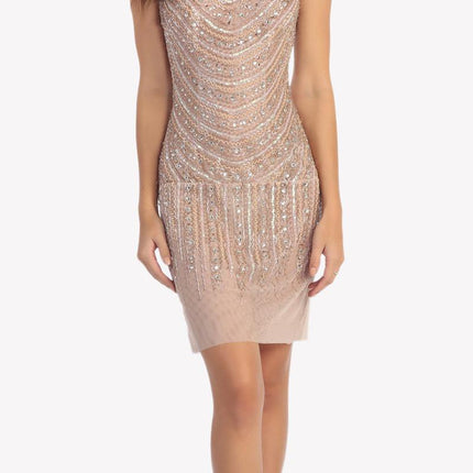 CLEARANCE - Fully Beaded Sexy Champagne Cocktail Dress Embellished (Size Medium)