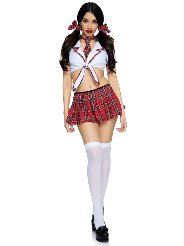 4 PC Miss Prep School, Includes Cropped Tie Top, Skirt, Tie, and Hair Bows - Red/White - MED/LGE