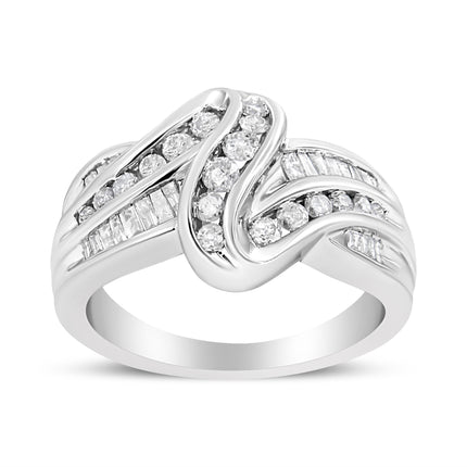 10K White Gold Ring 3/4 Cttw Round and Baguette-Cut Diamond Bypass Ring (H-I Color, I2-I3 Clarity) - Size 6