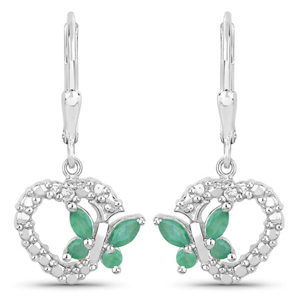 0.44 Carat Genuine Emerald and Created White Sapphire .925 Sterling Silver Earrings