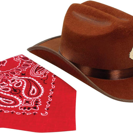 Jr Brown Cowboy Bronco Logo Hat with Red Bandana Kids Child Hat