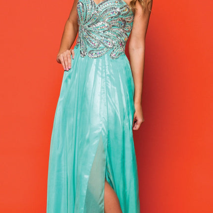 CLEARANCE - Juliet 548 Beaded Bodice Long Strapless Thigh Slit Formal Gown