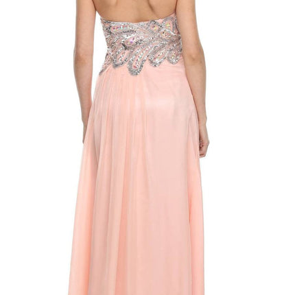 CLEARANCE - Juliet 548 Beaded Bodice Long Strapless Thigh Slit Formal Gown