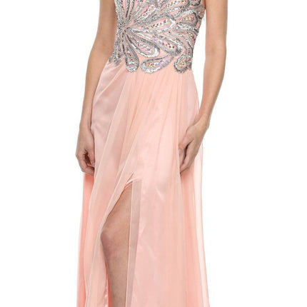 CLEARANCE - Juliet 548 Beaded Bodice Long Strapless Thigh Slit Formal Gown