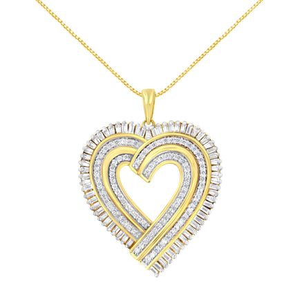 14K Yellow Gold Plated .925 Sterling Silver 1/4 Cttw Round and Baguette-Cut Diamond Composite Heart 18" Pendant Necklace (H-I Color, SI2-I1 Clarity)