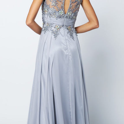 CLEARANCE - Juliet 552 Long Jewel Neckline Studded Bodice Silver A-Line Gown (Size M)