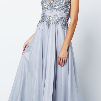 CLEARANCE - Juliet 552 Long Jewel Neckline Studded Bodice Silver A-Line Gown (Size M)