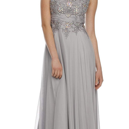 Juliet 552 Long Jewel Neckline Studded Bodice A-Line Gown