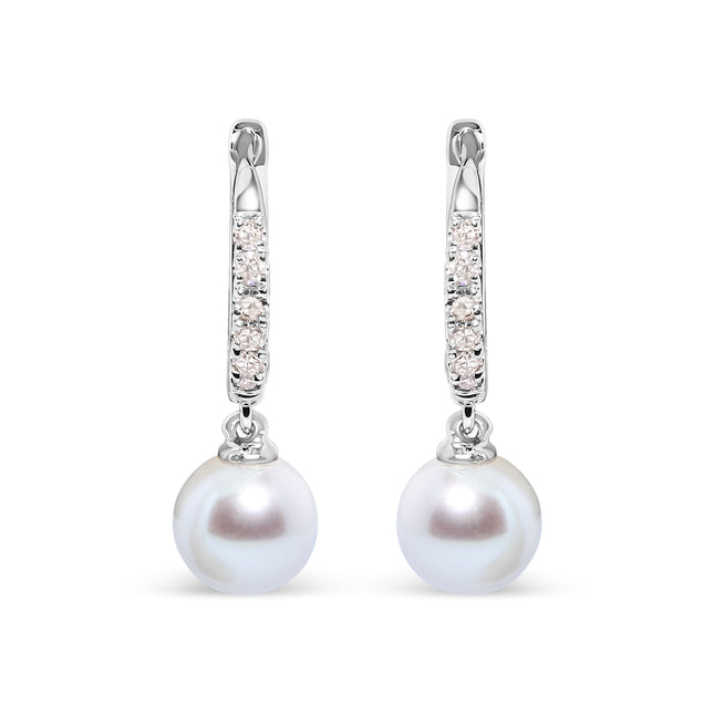 10K White Gold 6x6 MM Cultured Freshwater Pearl and Diamond Accent Drop Huggy Earring (H-I Color, I1-I2 Clarity)