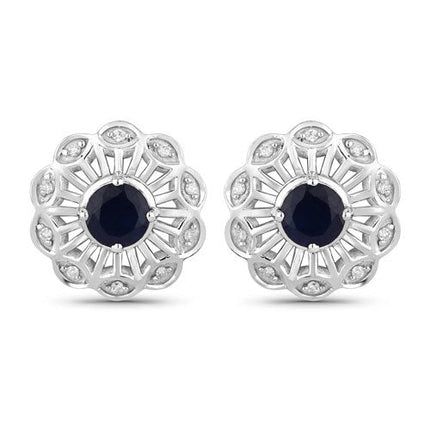 0.60 Carat Genuine Blue Sapphire and White Diamond 14K White Gold Earrings