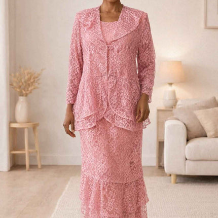 CLEARANCE - Hosanna 5616 Modest 3-Piece Set Ankle Length Lace Pink Dress (Size XL)