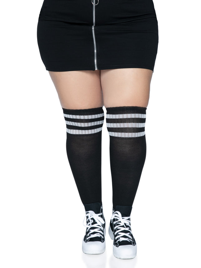 Plus Size Over the Knee Athletic Socks - Blk/White - 1X-2X