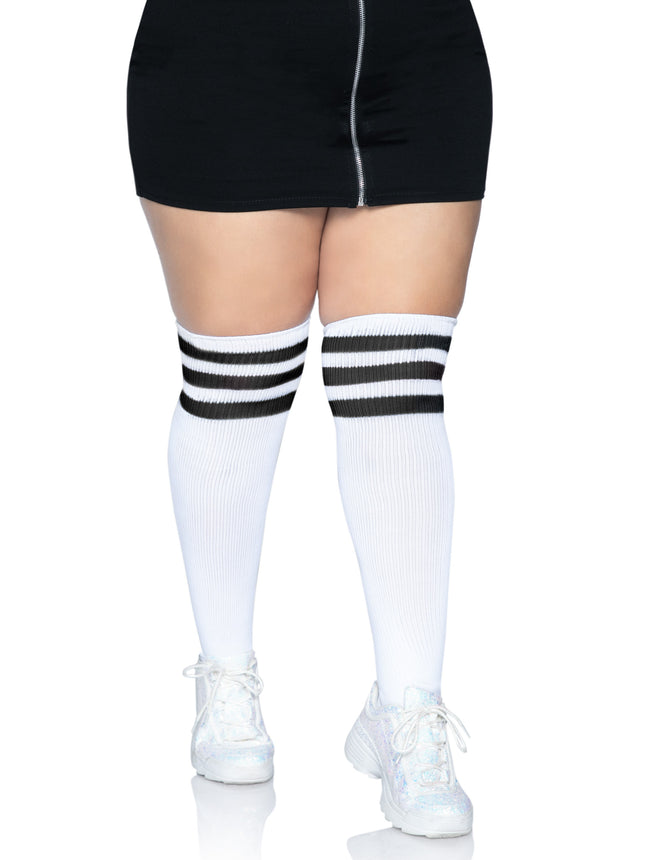 Plus Size Over the Knee Athletic Socks - White/Blk - 1X-2X