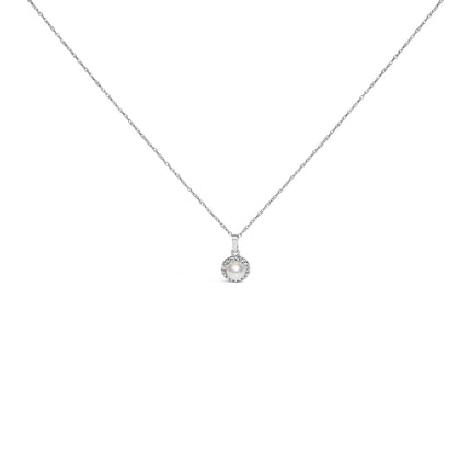 10K White Gold 5MM Cultured Pearl and Diamond Accent Halo Pendant Necklace