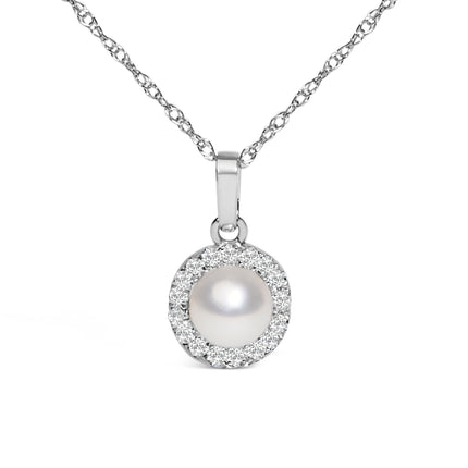 10K White Gold 5MM Cultured Pearl and Diamond Accent Halo Pendant Necklace