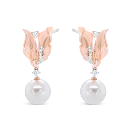 14K Rose Gold 1/6 Cttw Round Diamond and 8mm Round Pearl Floral Drop Stud Earrings (H-I Color, I1-I2 Clarity)