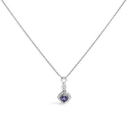 10K White Gold Blue Purple Tanzanite and Diamond Accent Cushion Drop Pendant Necklace - 18" Inches