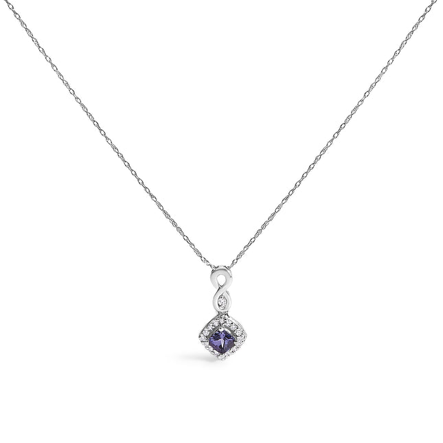 10K White Gold Blue Purple Tanzanite and Diamond Accent Cushion Drop Pendant Necklace - 18" Inches